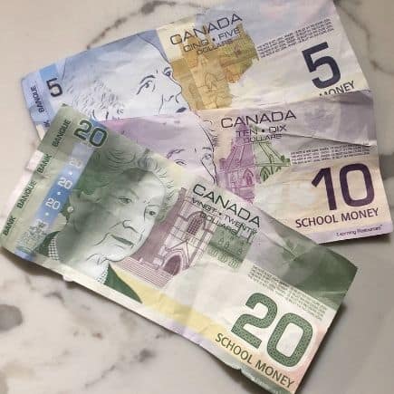 Canadian play money - $20, $10, $5, quarter, dime, nickle